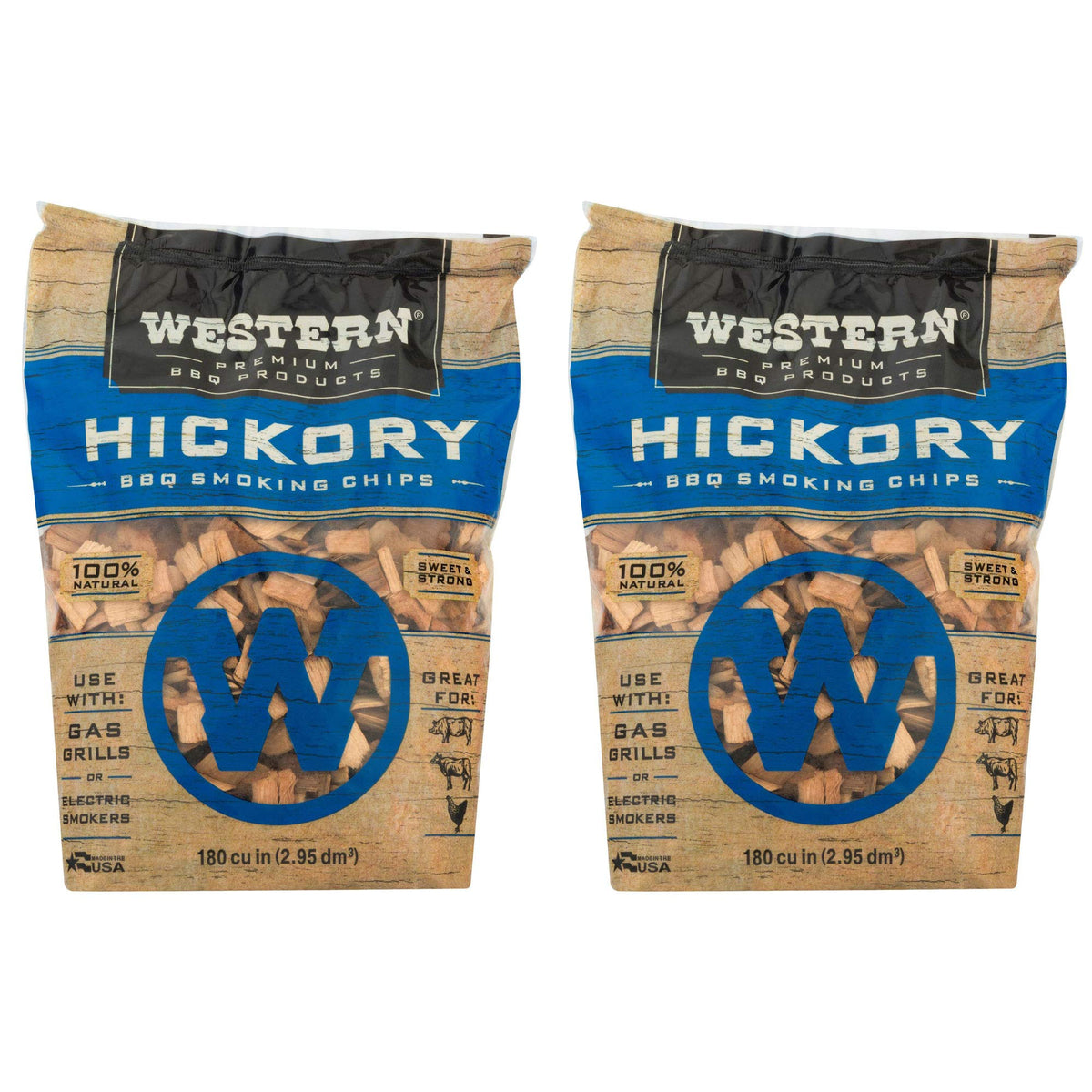Western BBQ Hickory wood chips, 180 cu in, 2-pack, front view for smoky flavor.