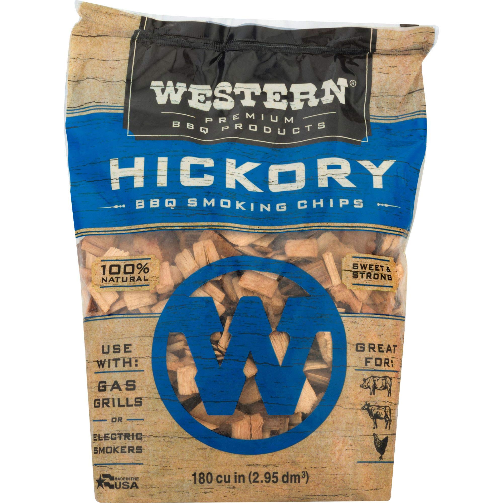 Western BBQ Hickory wood chips bag close-up showcasing natural aroma.