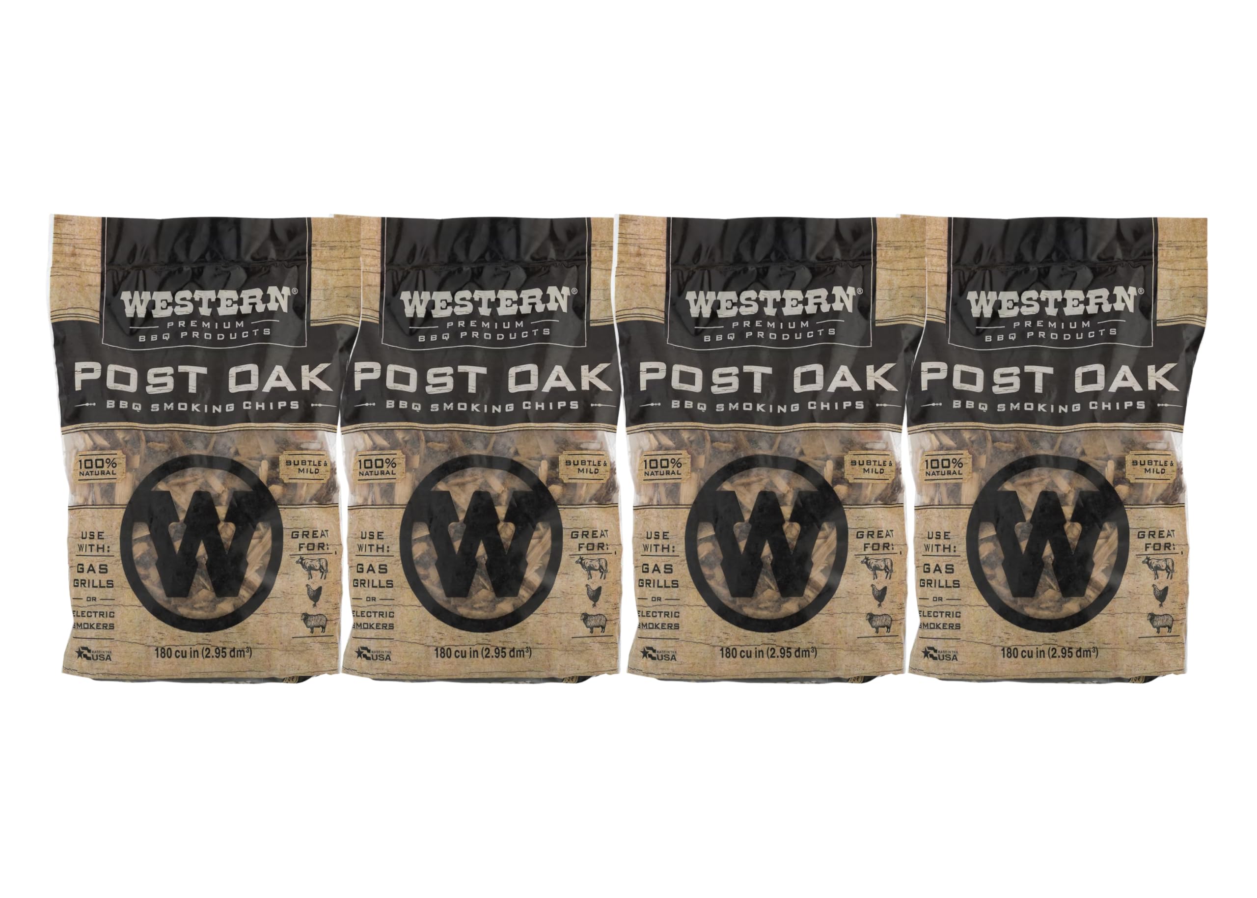 Western Post Oak BBQ Wood Chips packaging highlights easy prep and storage.