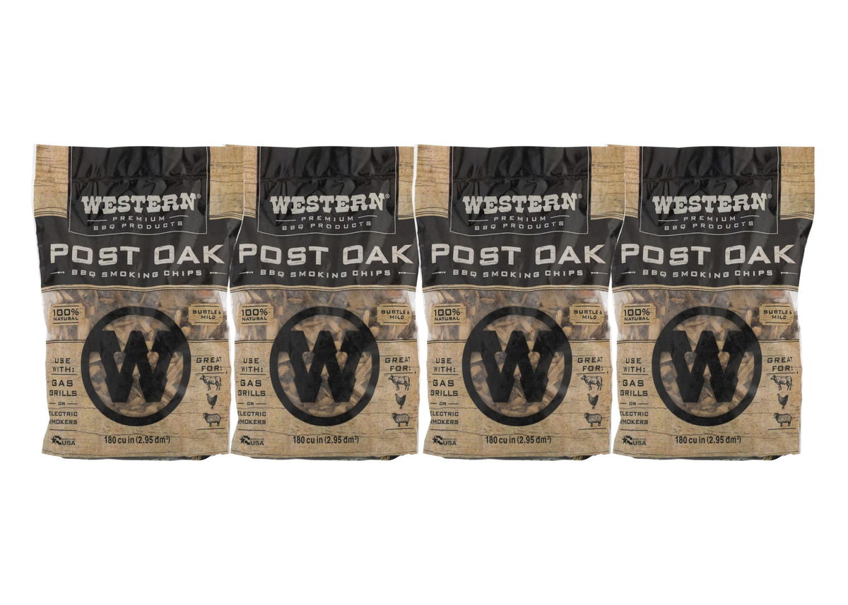 Western Post Oak BBQ Wood Chips packaging highlights easy prep and storage.