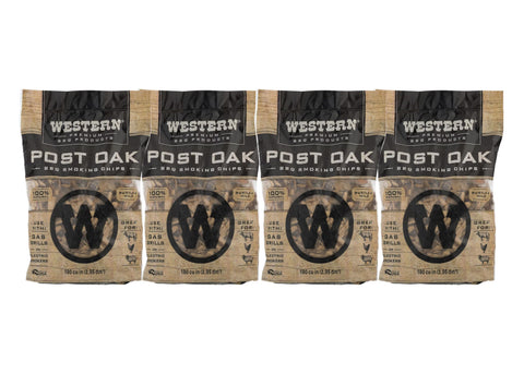 Western Post Oak BBQ Wood Chips packaging highlights easy prep and storage.