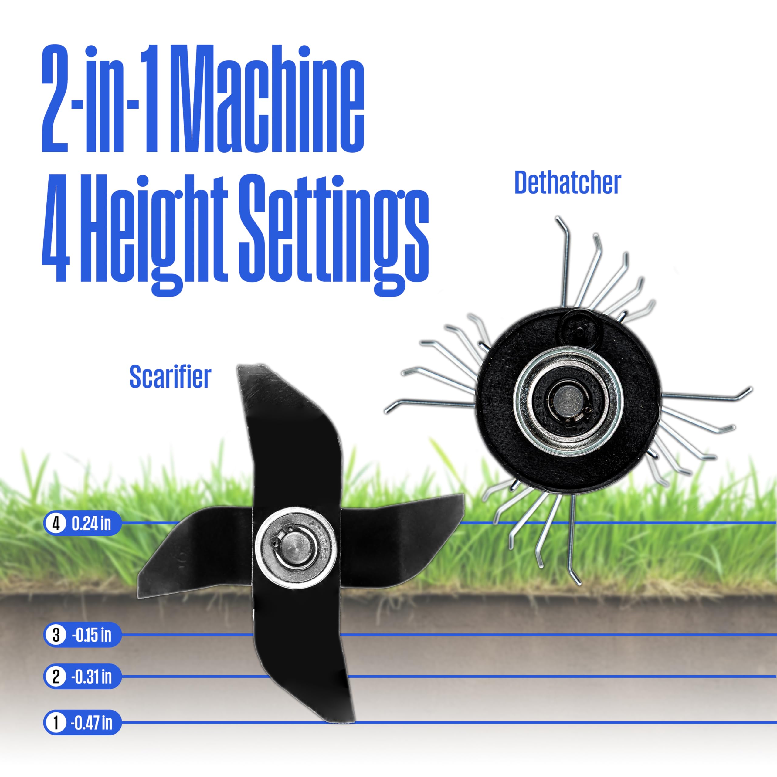 Depth settings on Westinghouse W13ADAC for precise dethatching across lawns