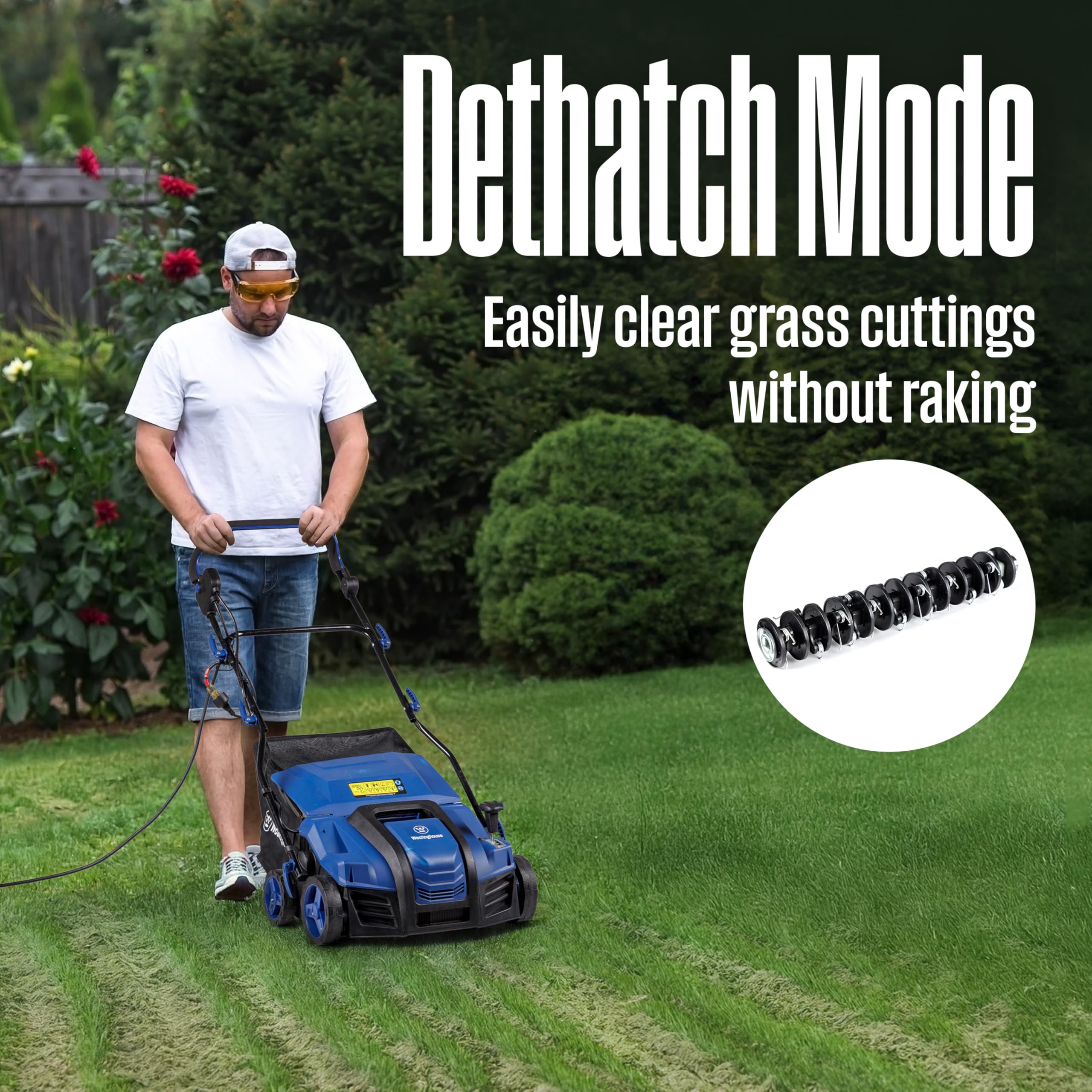 Westinghouse W16ADAC 20 steel blades for thorough dethatching action.