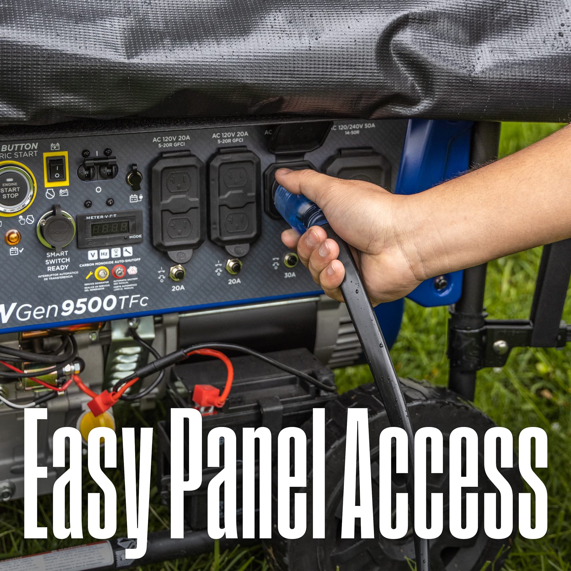 Westinghouse WGenTent universal fit covers open-frame generators from 80 to 107 inches.