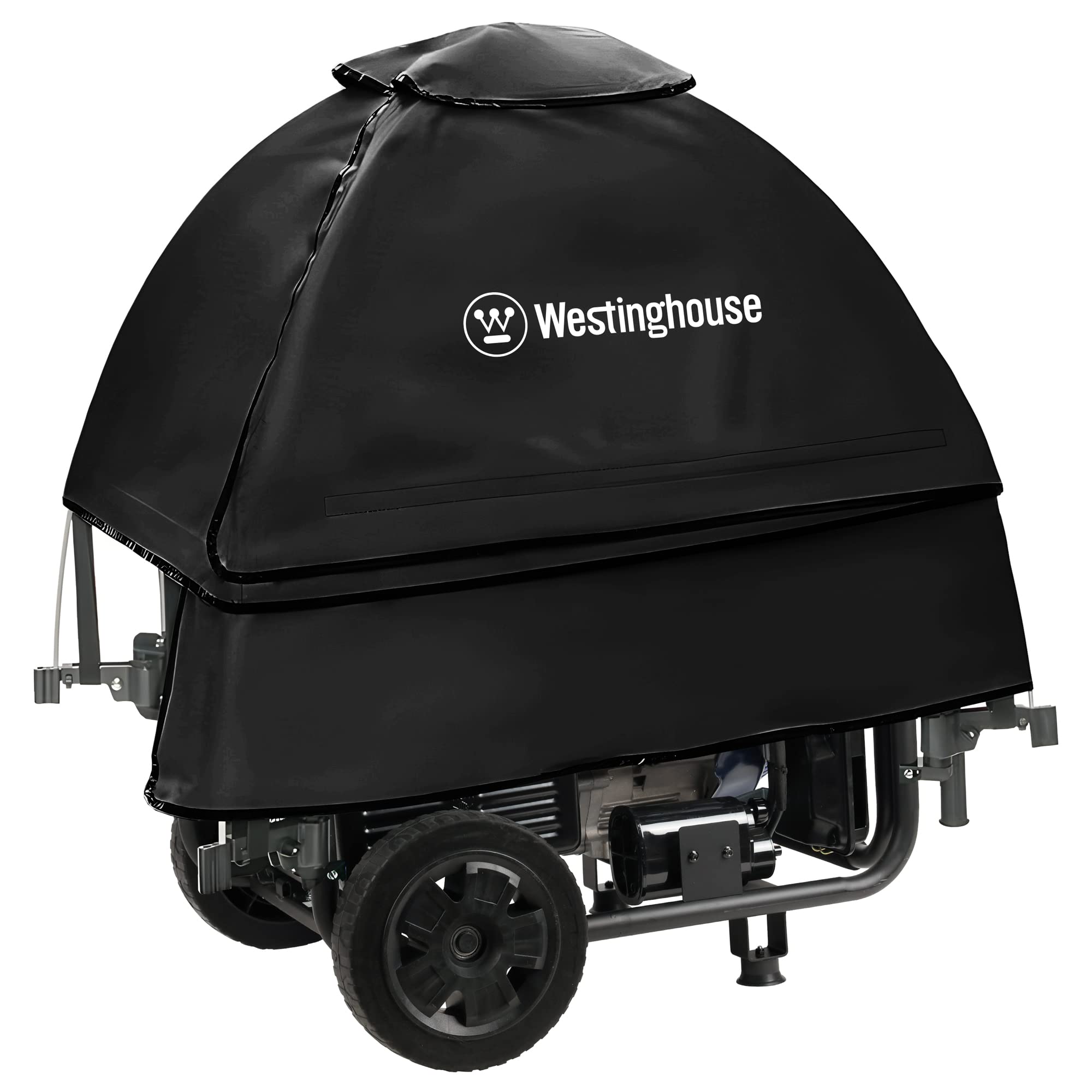 Westinghouse WGenTent weather cover on an open-frame generator protects from rain and wind.