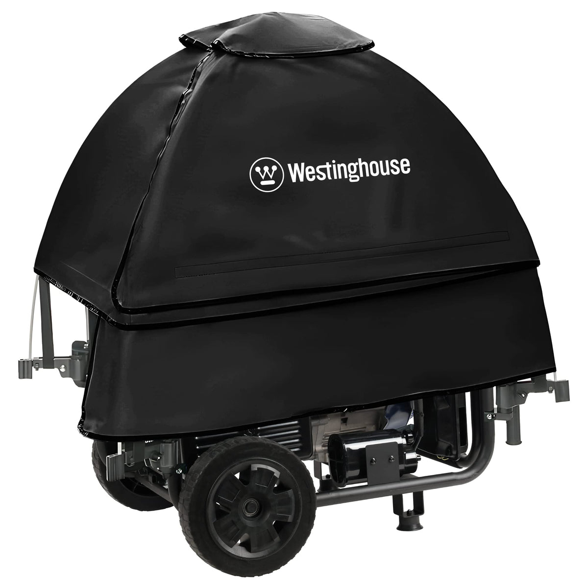 Westinghouse WGenTent weather cover on an open-frame generator protects from rain and wind.