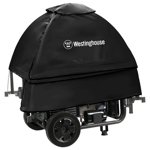 Westinghouse WGenTent weather cover on an open-frame generator protects from rain and wind.