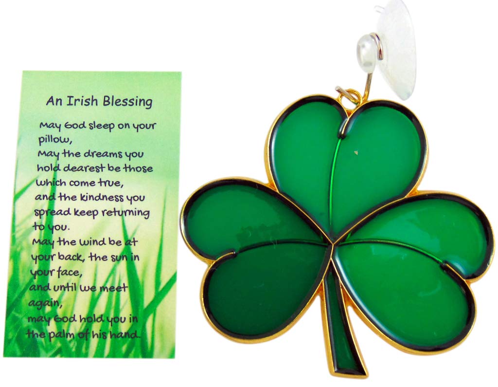 Westmon Works Irish suncatcher shamrock shines in sunlight, adding a festive window glow.