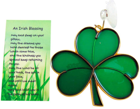 Westmon Works Irish suncatcher shamrock shines in sunlight, adding a festive window glow.