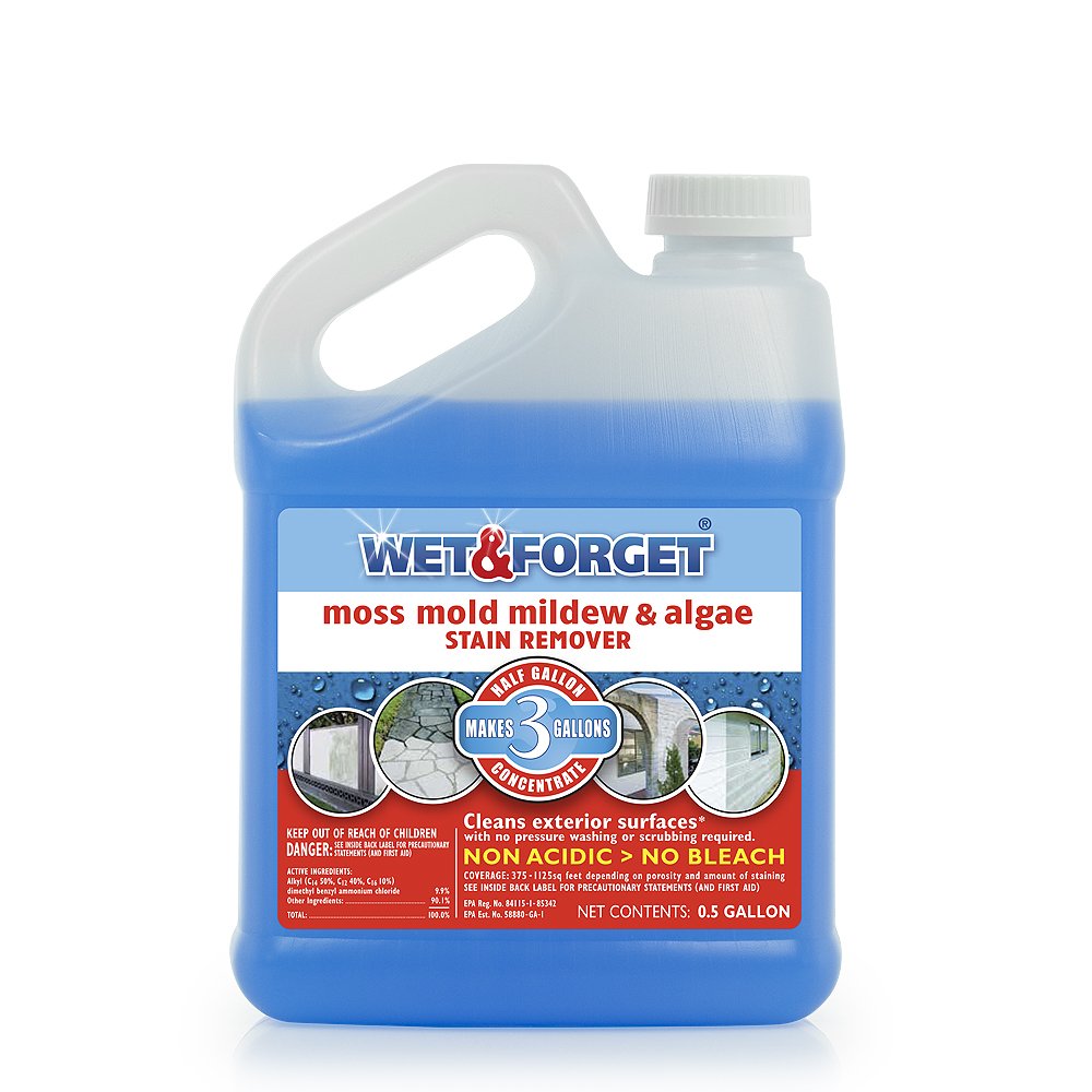 Wet & Forget bottle ready for moss and mold stain removal on outdoor surfaces.