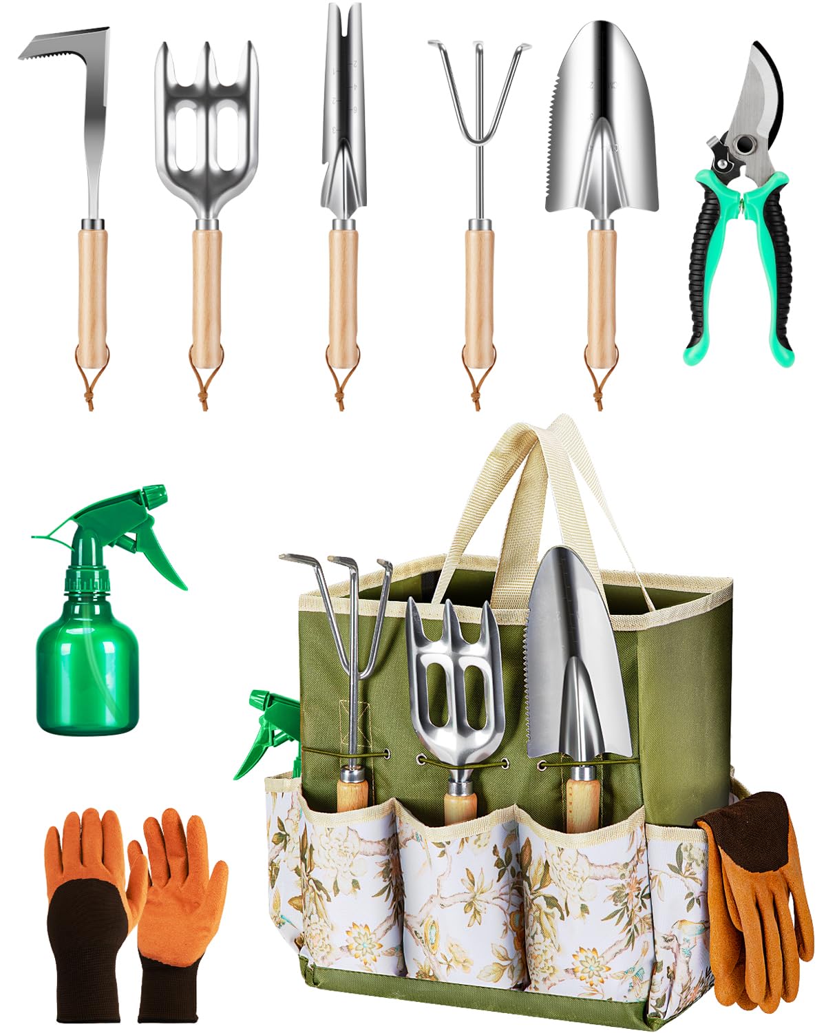 Wevelel 9-piece gardening tool set with pitchfork for soil turning.
