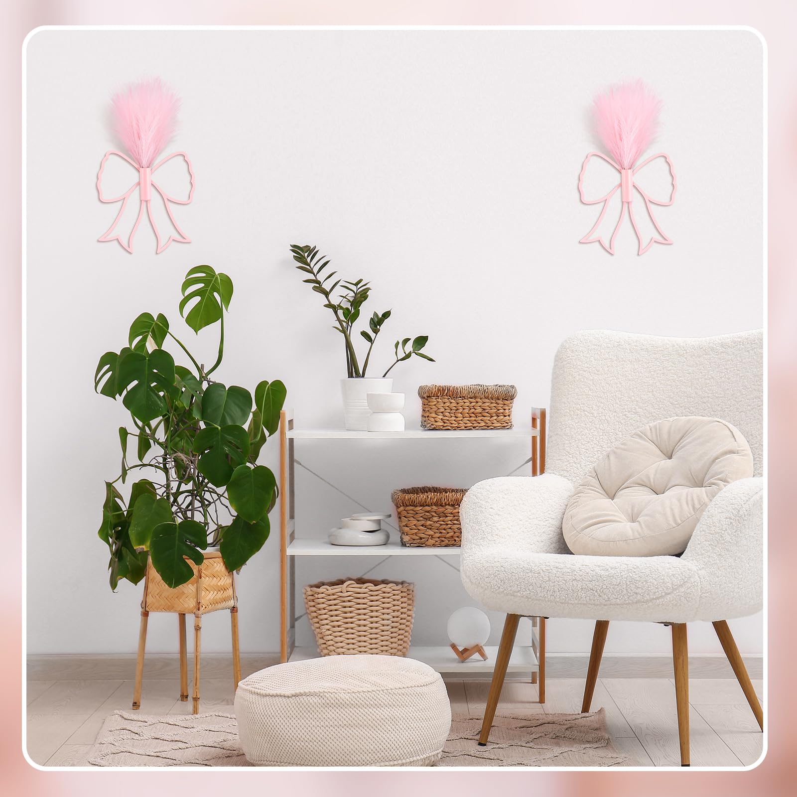 Weysat pink bow wall art enhances living room with modern flair.
