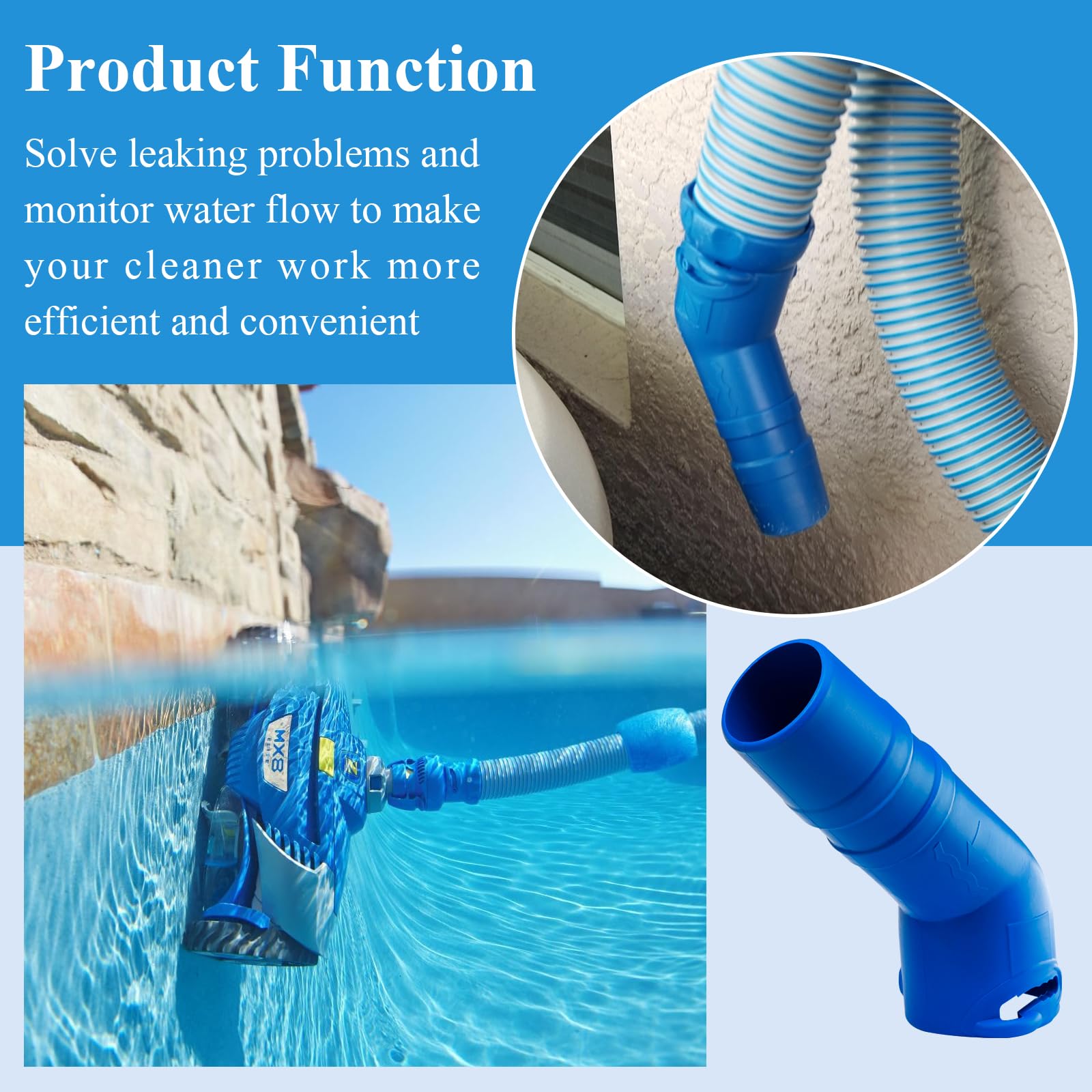 WFCYX pool-wall tight-fit illustration showing cleaner and skimmer compatibility.