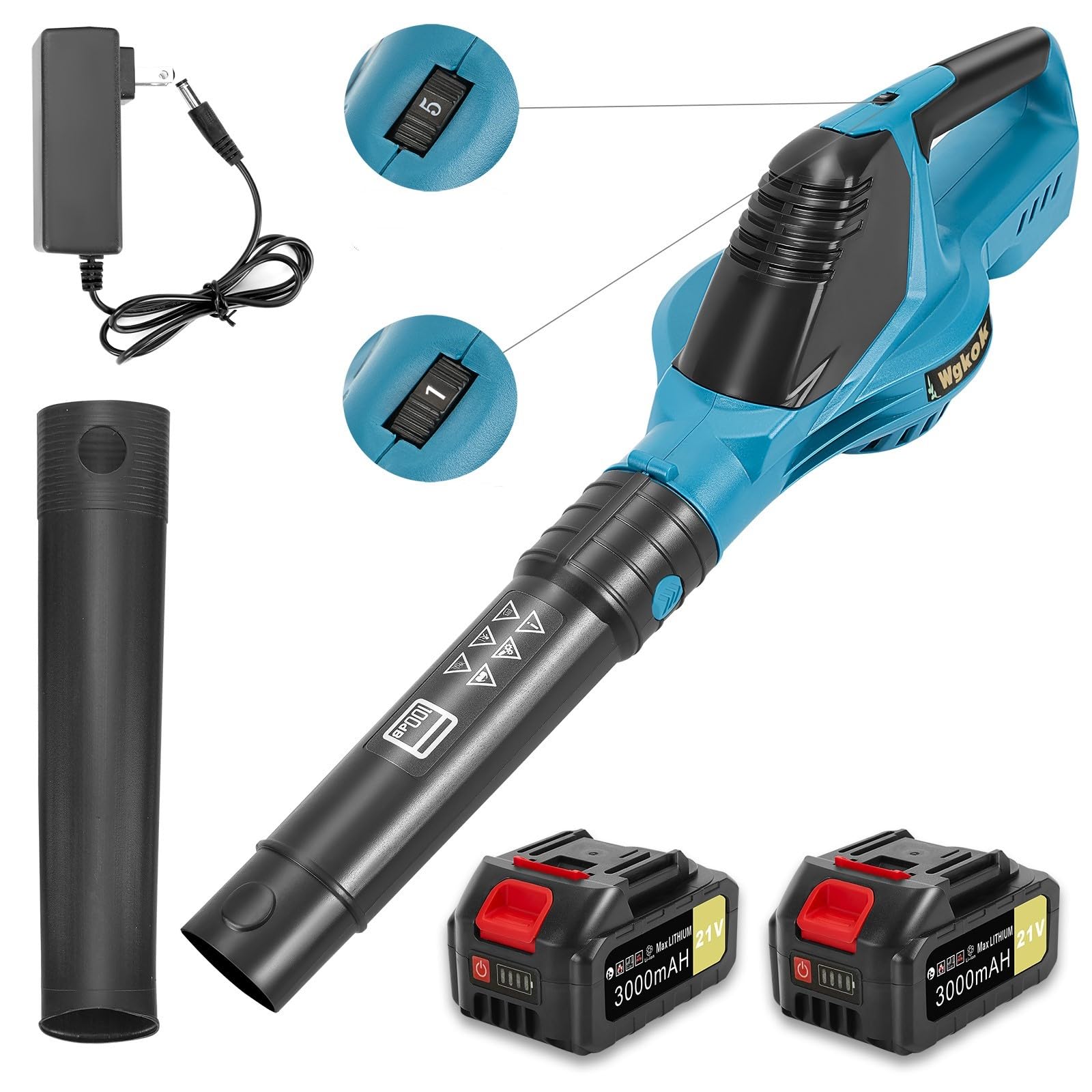 Wgkok cordless 21V leaf blower in compact design for easy handling and quick cleanup.