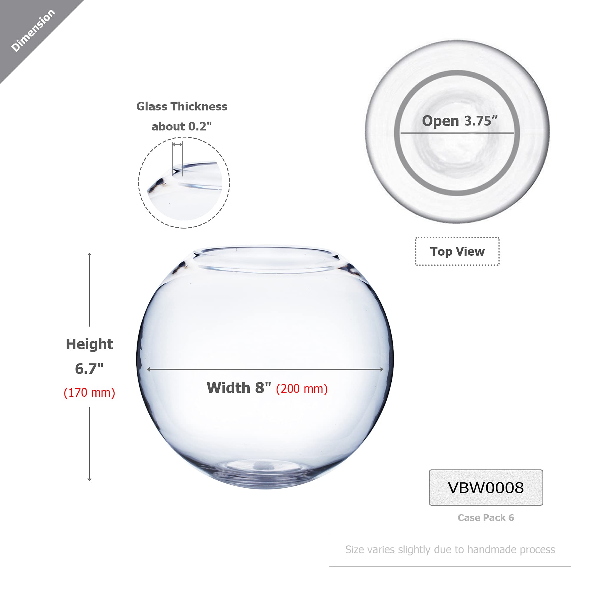 WGVI bowl glass vase open mouth 3.75-inch wide for layered arrangements