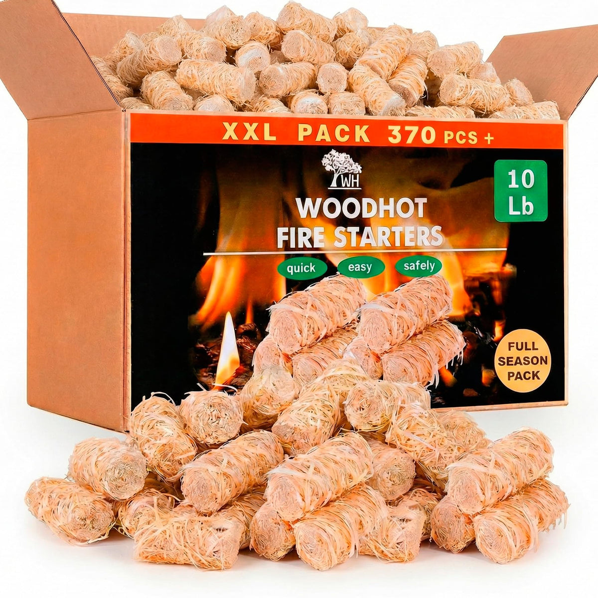 WH fire starters box packaging with 370 pieces for grilling and campfires