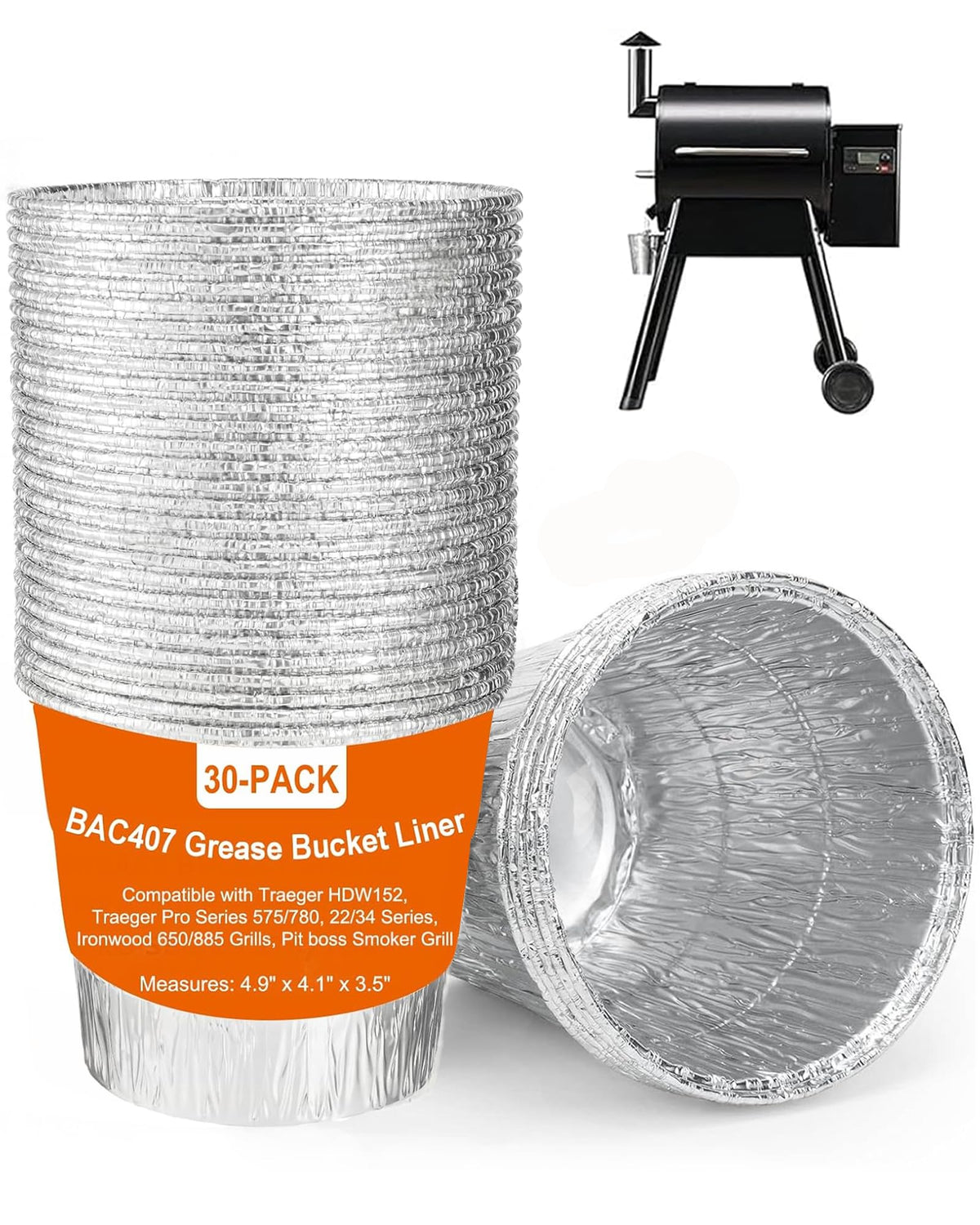 Whaleme BAC407 grease bucket liner pack-30 for easy grill cleanup.