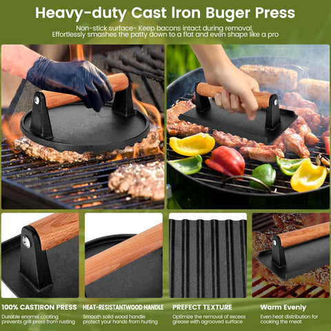Whaleme bacon and burger press on a hot griddle for crisp edges.