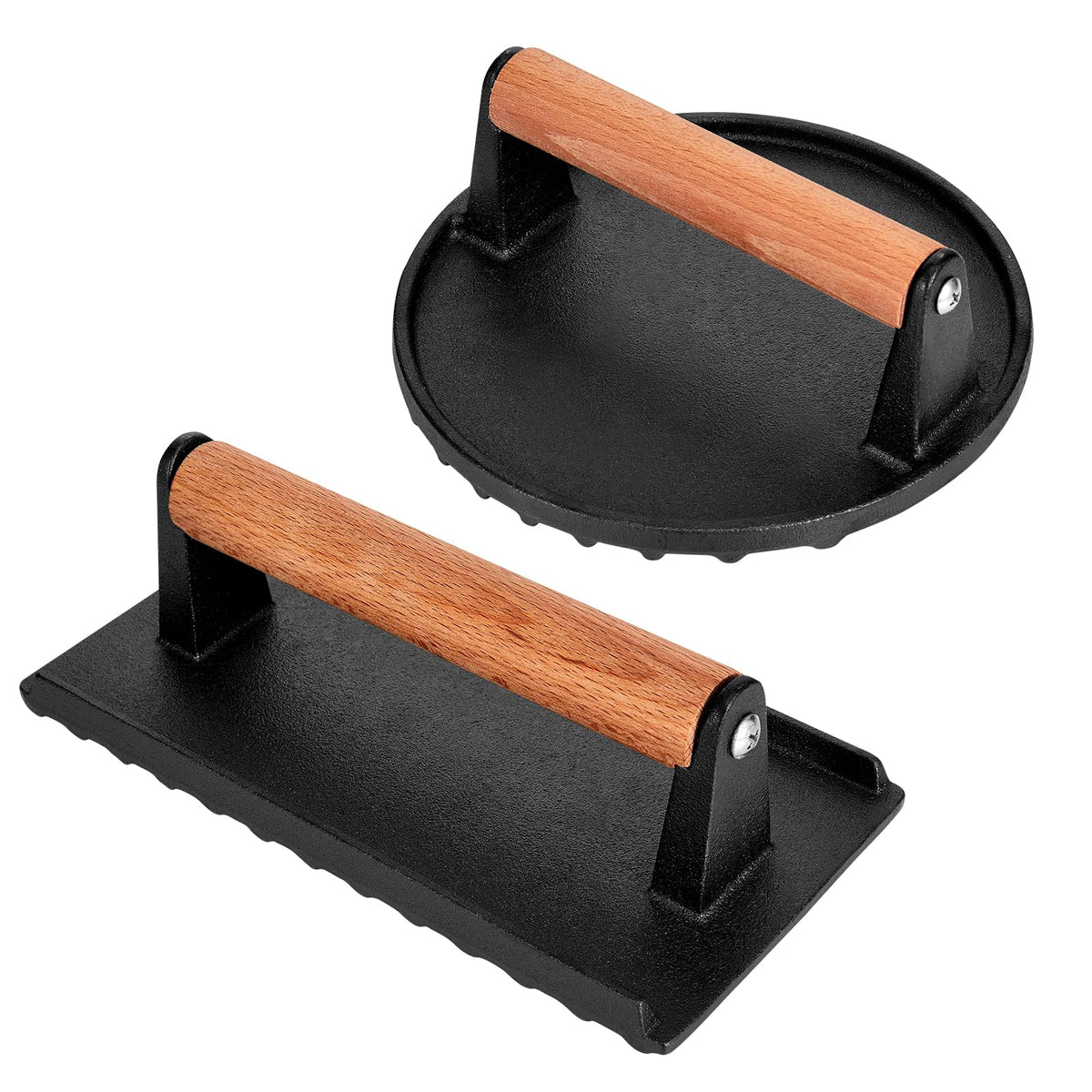 Whaleme Blackstone burger press set front view showcasing sturdy cast iron