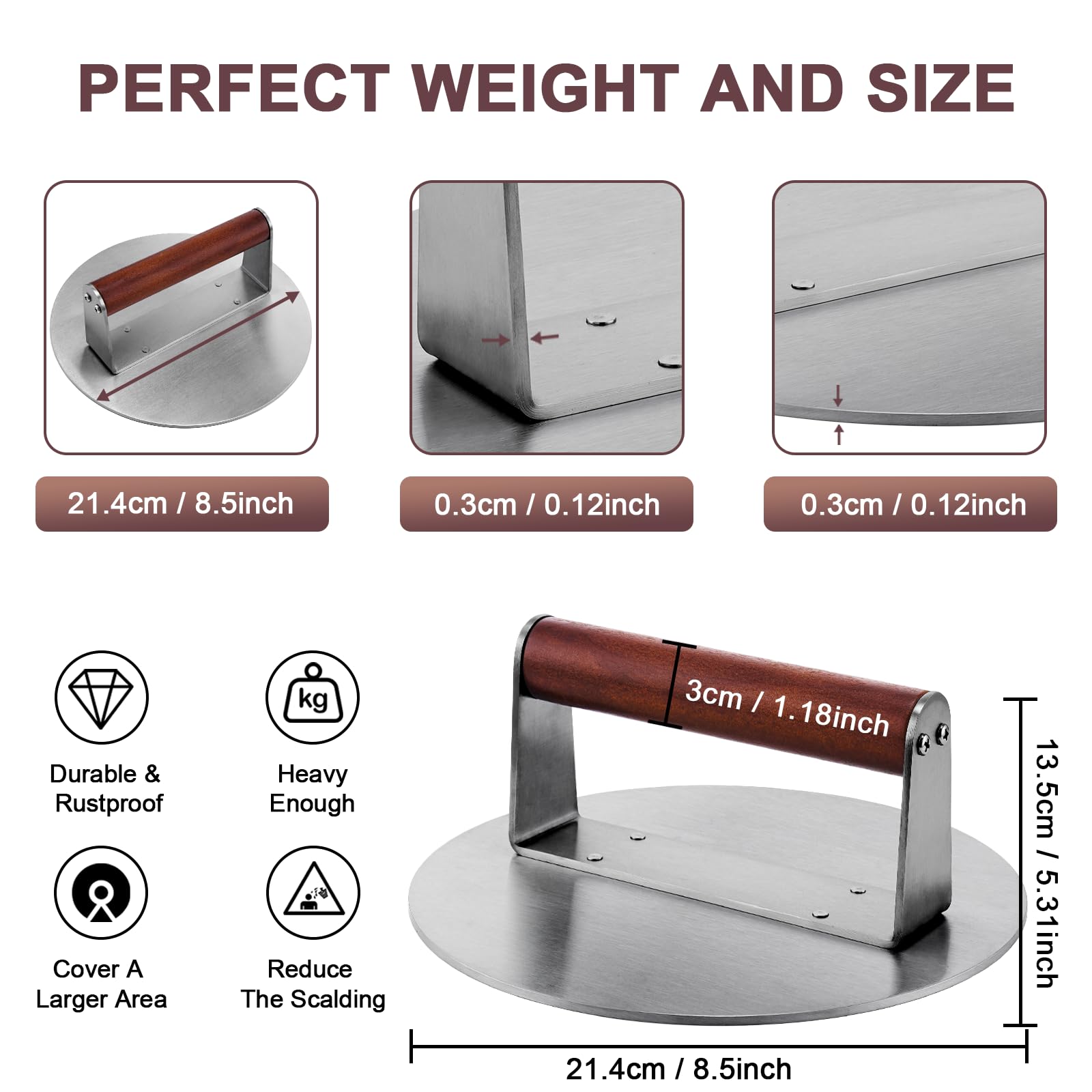 Whaleme burger press with wood handle provides cool grip on grill