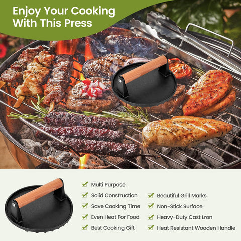 Whaleme cast iron press delivers even heat for uniform browning.
