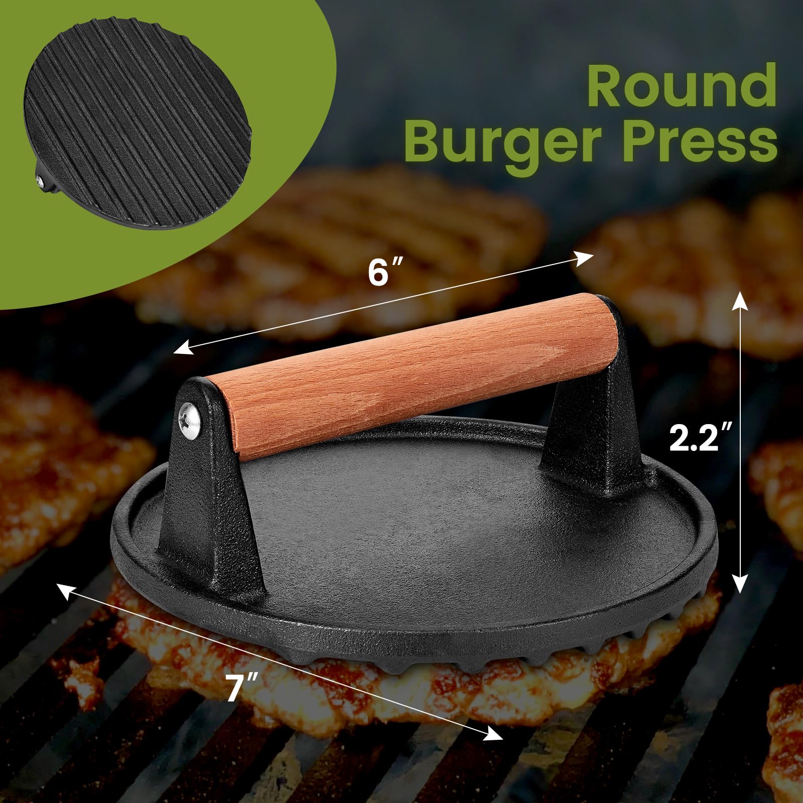 Whaleme press with grooved bottom promotes uniform heating and easy fat drainage.