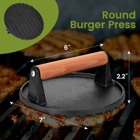 Whaleme press with grooved bottom promotes uniform heating and easy fat drainage.