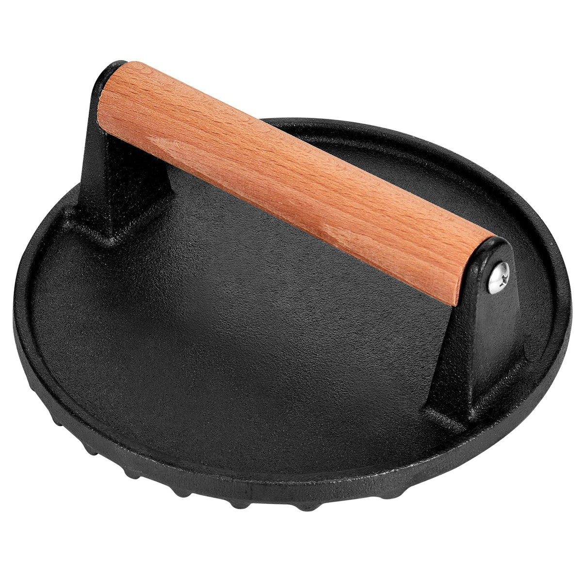 Whaleme 7-inch burger press with wooden handle for even flattening and sear.