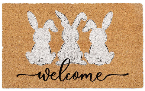 Whaline Easter doormat with white bunny silhouette greets guests at the entry.