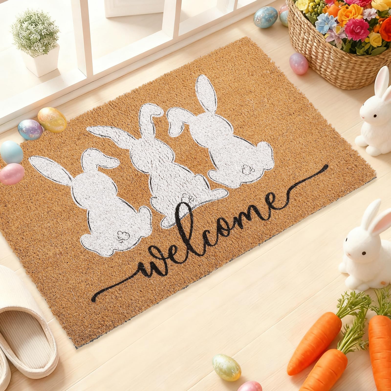 Whaline Easter doormat in natural coir withstands muddy shoes.