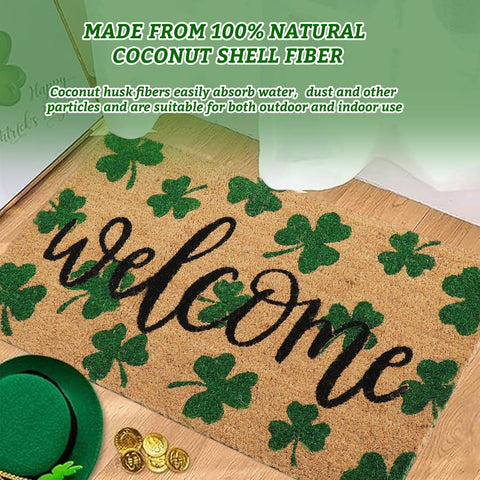 Whaline doormat highlights a green shamrock motif with a welcoming message.