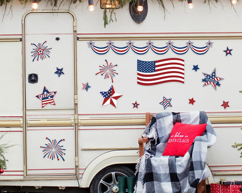 Whaline erase-board magnets brighten a dry-erase surface with red white blue design