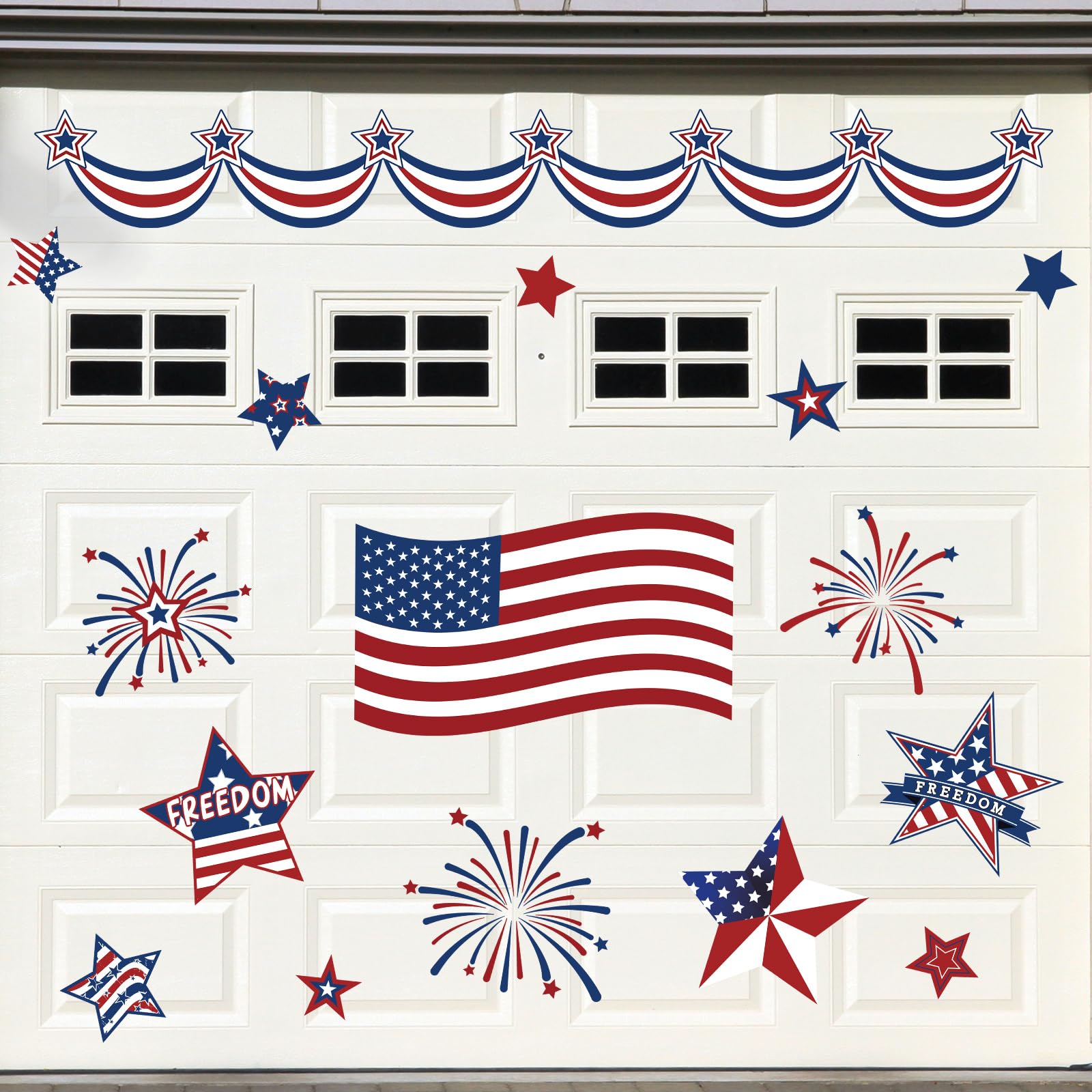 Whaline patriotic flag magnets decorate a fridge for Independence Day celebrations