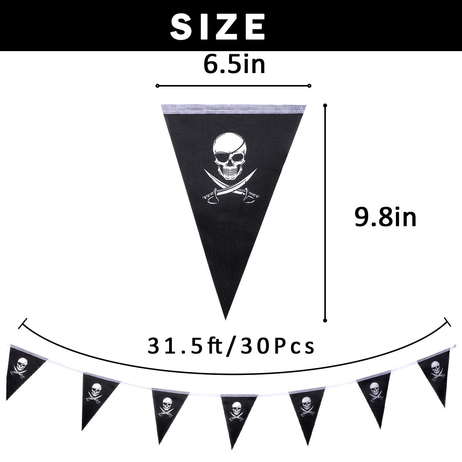 Whaline pirate flags banner showing 30 flags for pirate-themed parties.