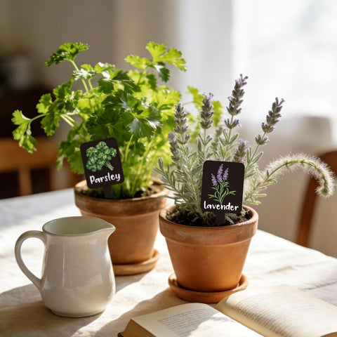 Whaline water-resistant plant labels support long-term garden clarity.
