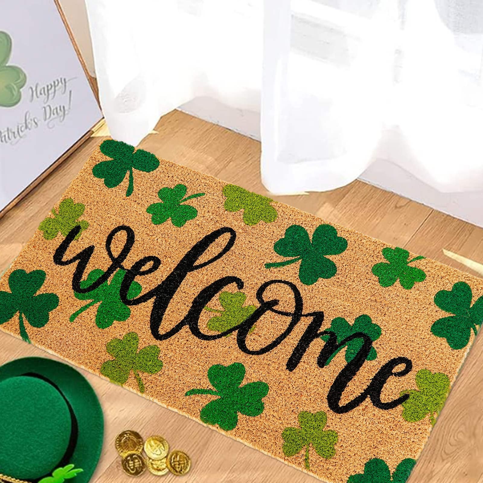 Whaline welcome mat with Irish design for indoor or outdoor use.