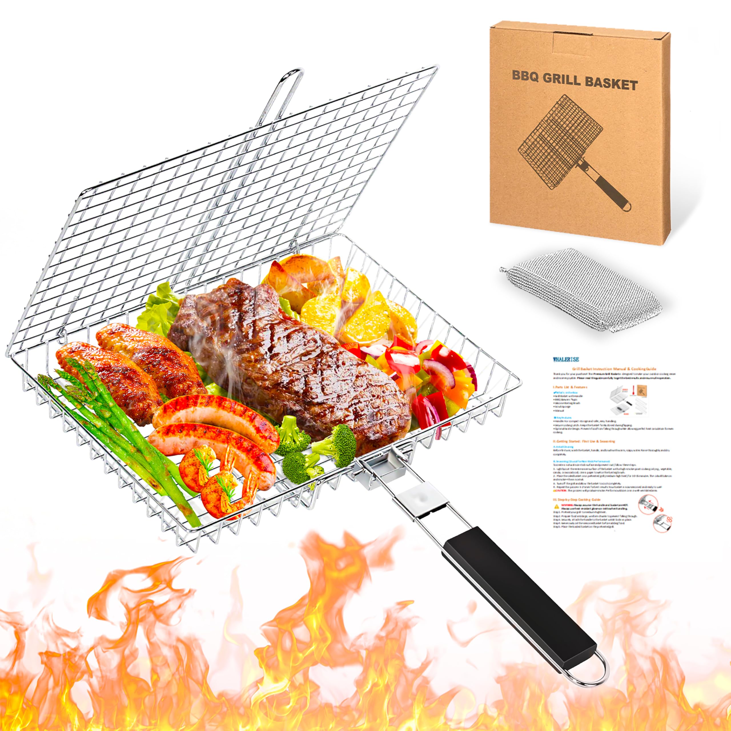 WHALERISE large-capacity grill basket ideal for feeding 3-4 people on grills