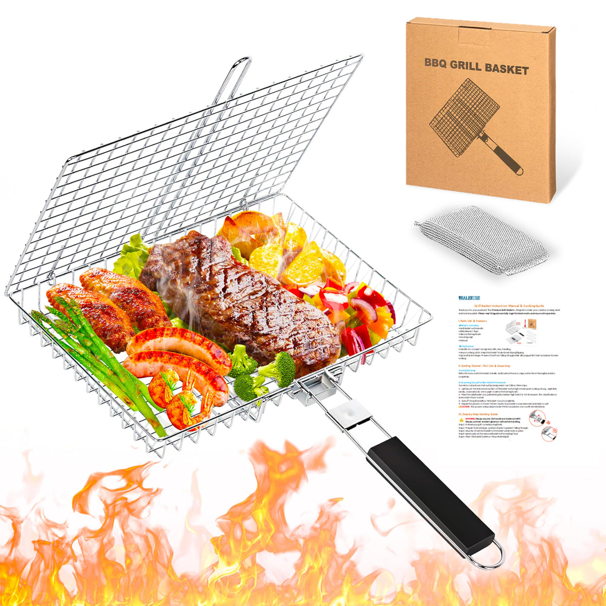 WHALERISE large-capacity grill basket ideal for feeding 3-4 people on grills