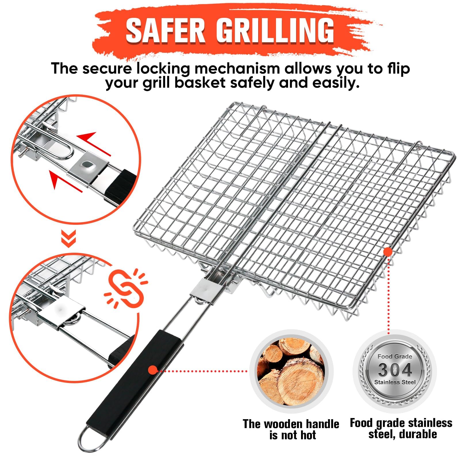 WHALERISE removable wooden-handle grill basket for safe handling and storage