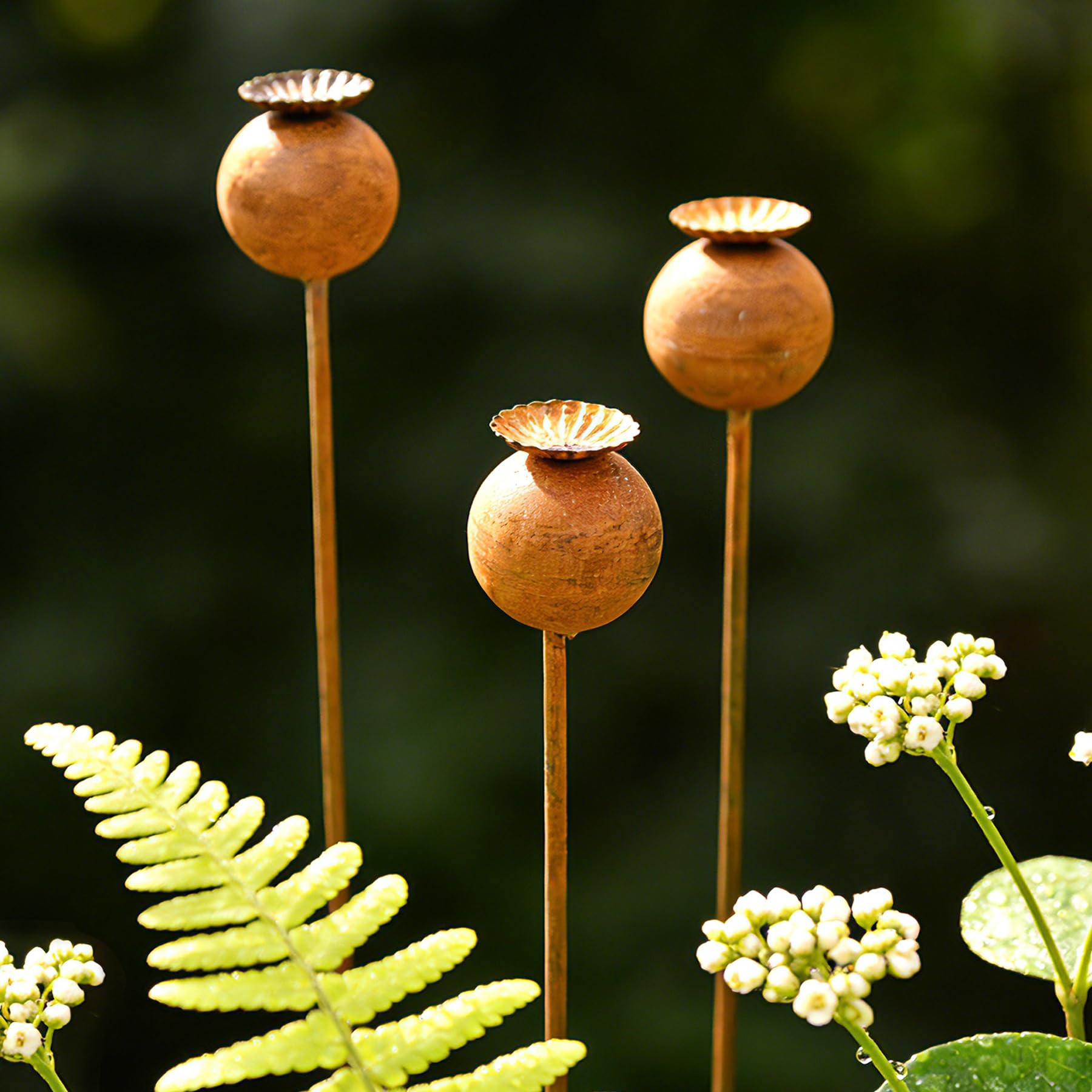 WHBIMGOOO rust-finish garden stake blooms enhance outdoor pathways year-round.