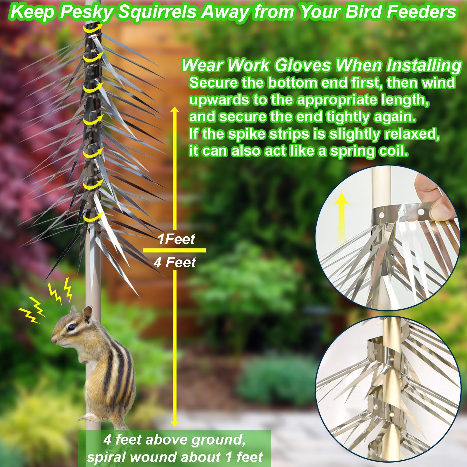 WHCDSTGJ squirrel-proof-spikes on pole prevents climbs by pests without harming the garden