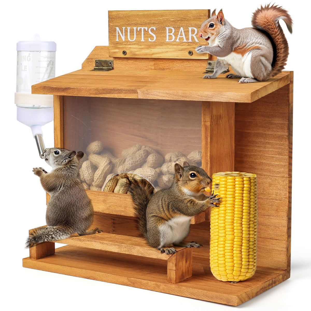 WHEARTED Hanging Squirrel Feeder on wooden table attracts backyard wildlife.