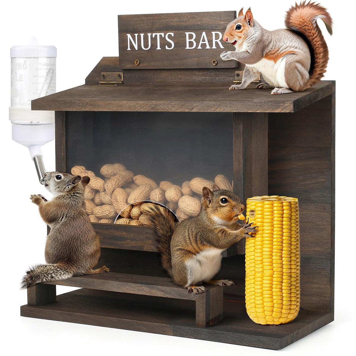 WHEARTED squirrel feeder outdoors shows durable carbonized wood construction for all-season use.