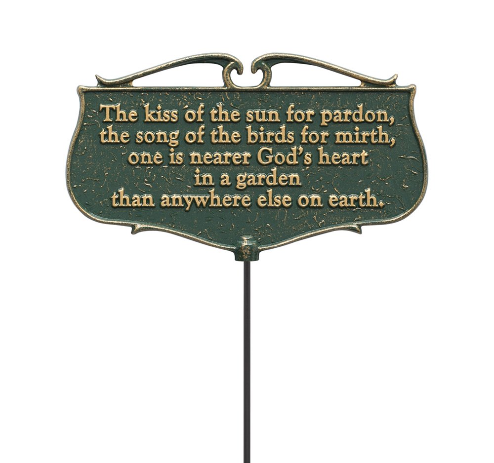 Whitehall Kiss of the Sun garden sign in green and gold, durable aluminum for outdoors.