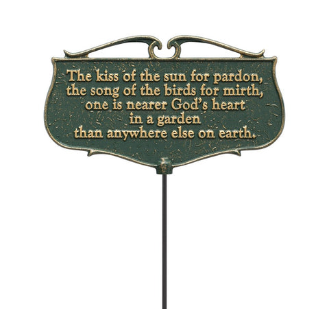 Whitehall Kiss of the Sun garden sign in green and gold, durable aluminum for outdoors.