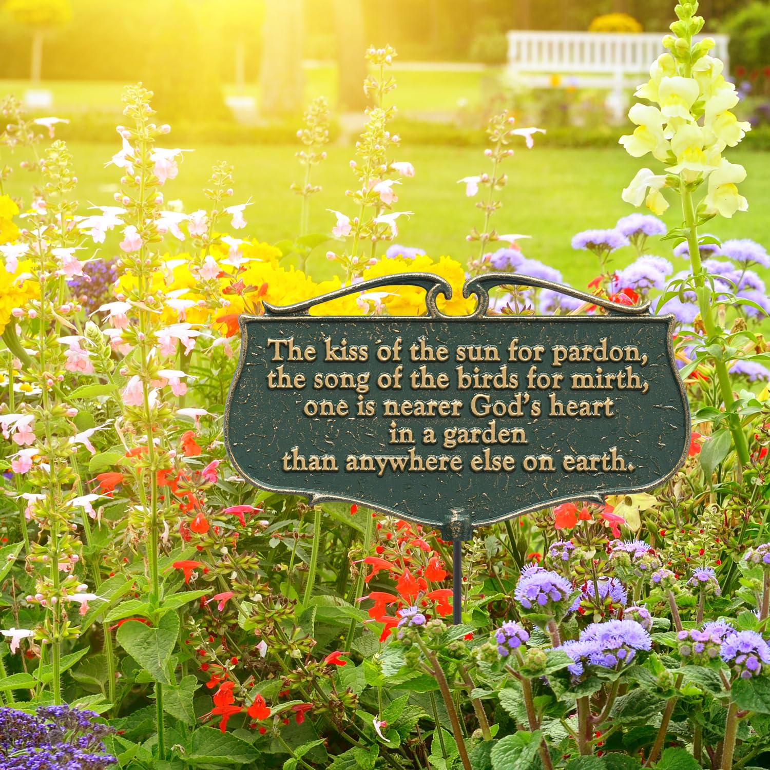 Whitehall Kiss of the Sun poem sign on stake, versatile outdoor decor.