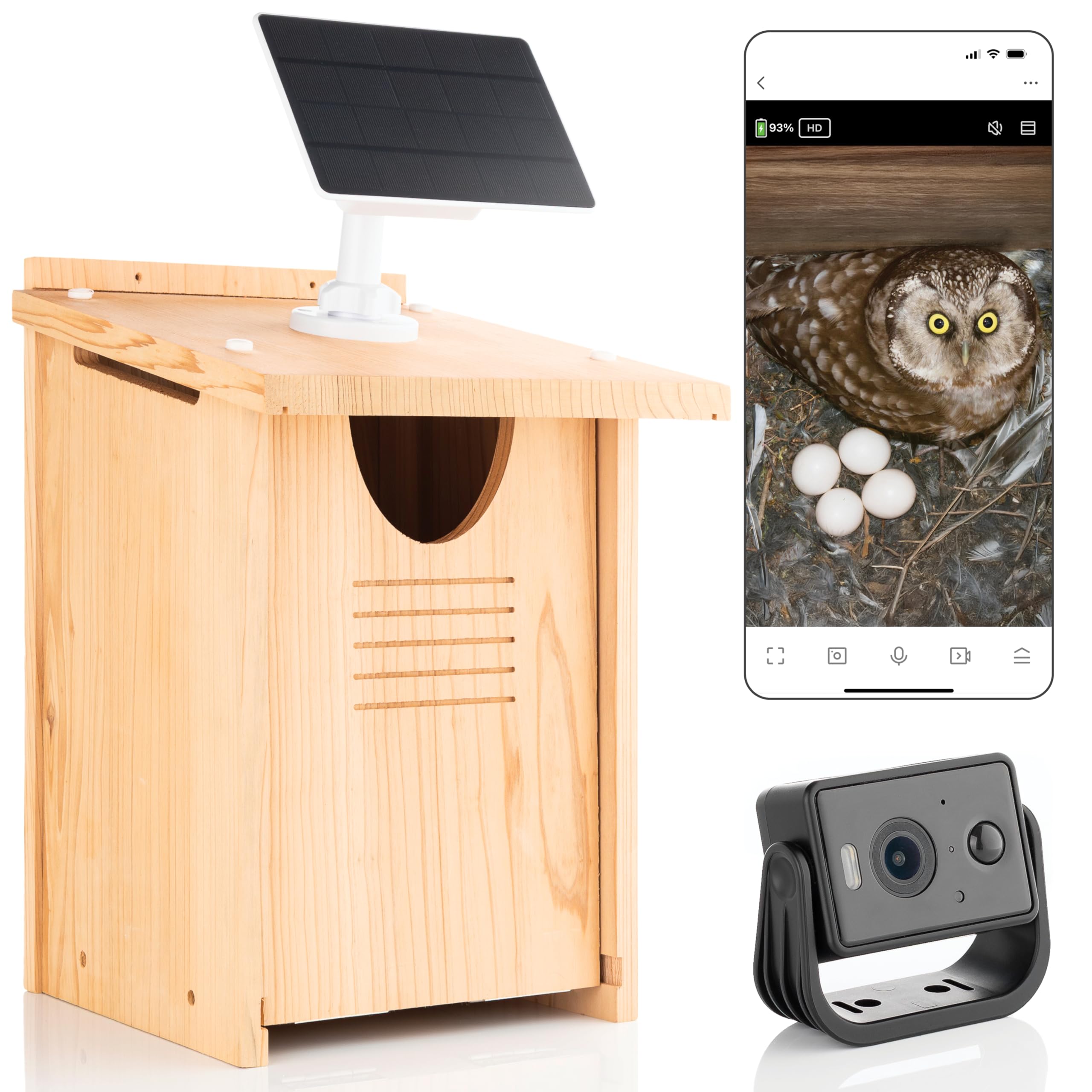 WHITEHORSE Owl House camera front view enables real-time monitoring from your phone.
