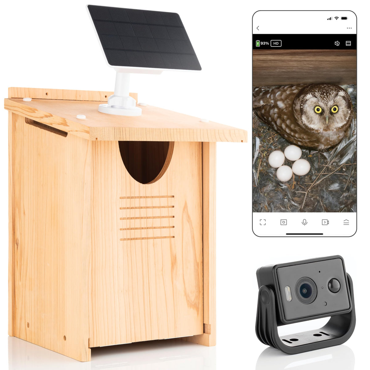 WHITEHORSE Owl House camera front view enables real-time monitoring from your phone.