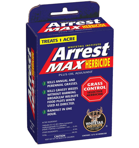 Whitetail Institute Arrest Max bottle shown for selective grass control in deer food plots