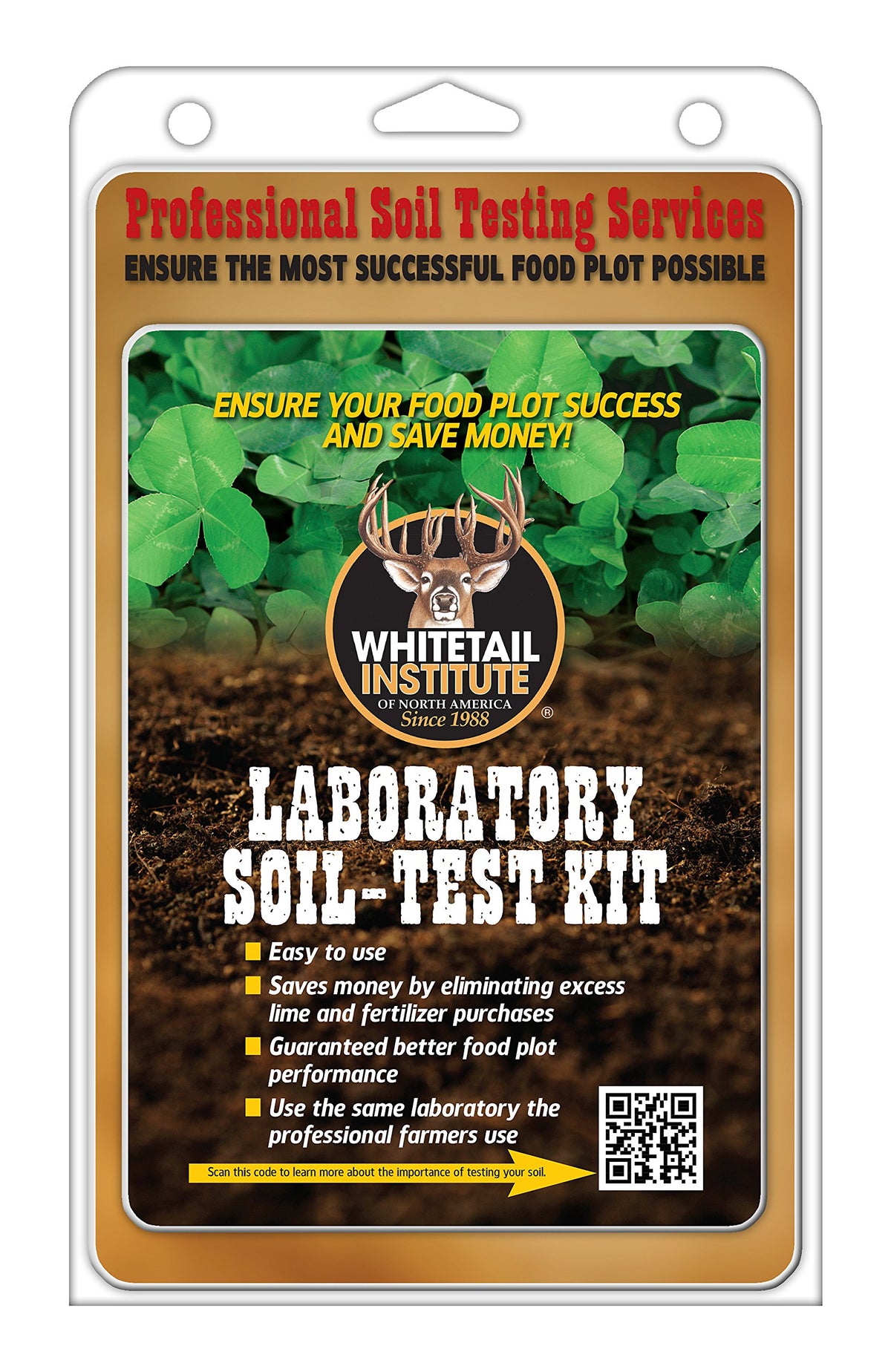 Whitetail Institute soil test kit packaging showing an easy-to-use solution for precise soil amendments.
